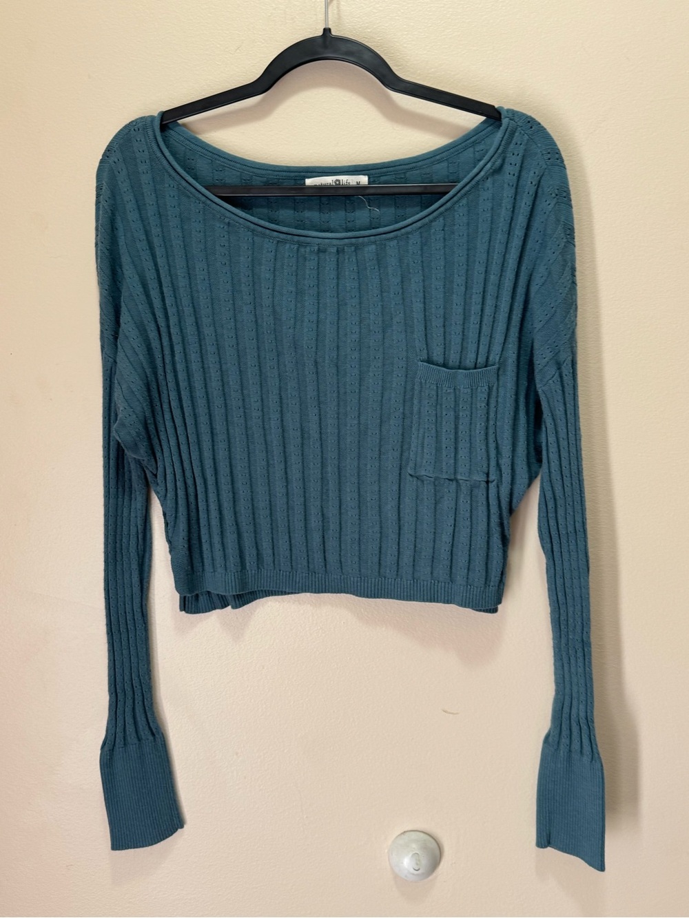 NATURAL LIFE Teal Ribbed Cropped Pocket Sweater